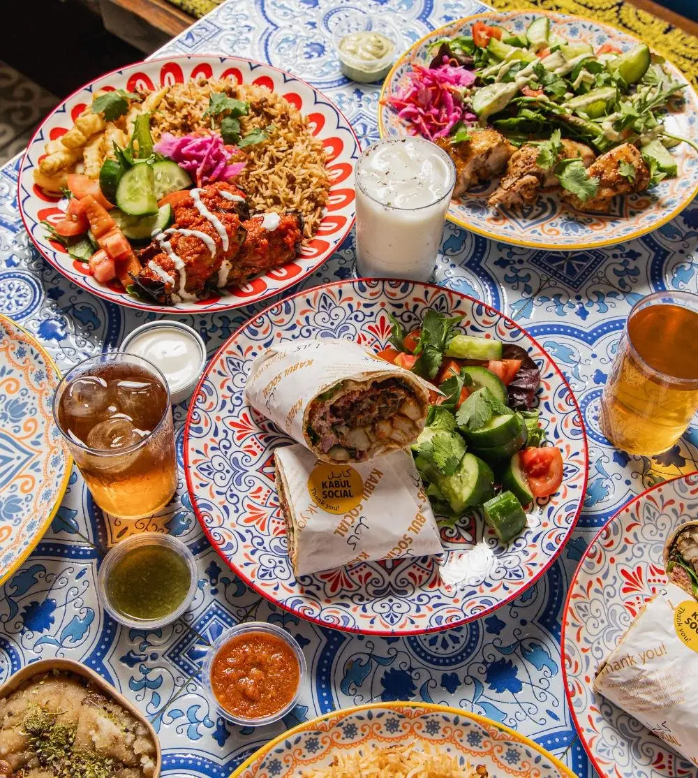 Afghan dishes on patterned plates