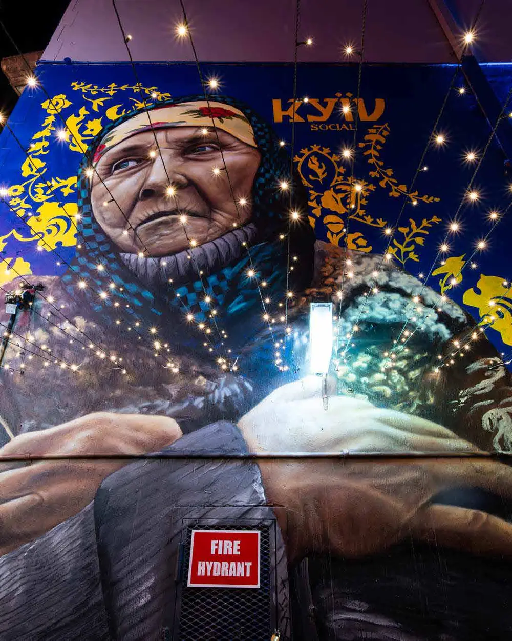 The Kyiv Social laneway mural under festoon lights