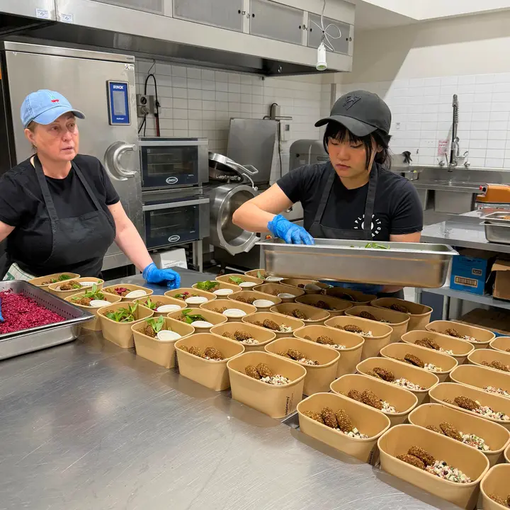 Packing meals in the production kitchen